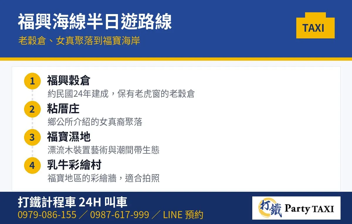 福興計程車半日遊路線：福興穀倉、粘厝庄、福寶濕地、乳牛彩繪村